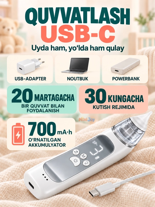 Электрический аспиратор для детей — 3 режима всасывания, тихий, Type-C