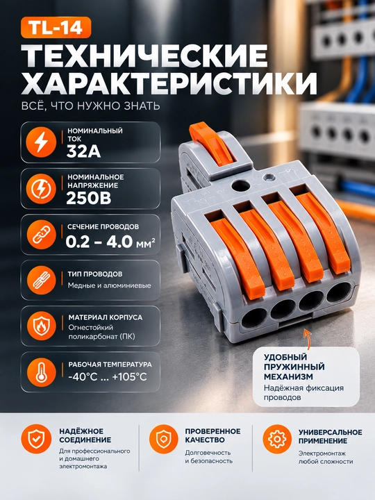 Клемма, колодки соединительные TL-14 пружинные 32А для алюминиевых и медных проводов