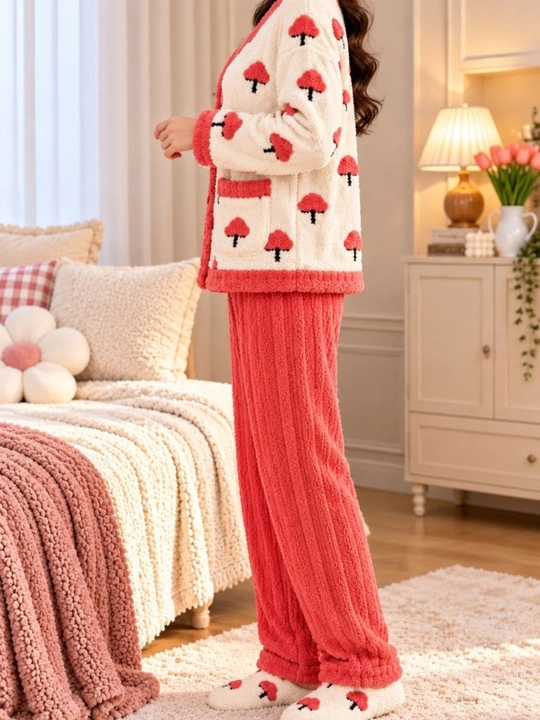 Ayollar uchun issiq qishki pijama, qalin paxmoq pijama, shim va kofta