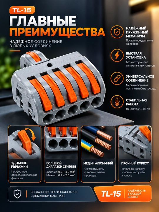Клемма, колодки соединительные TL-15 пружинные 32А для алюминиевых и медных проводов