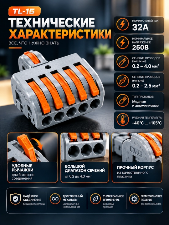 Клемма, колодки соединительные TL-15 пружинные 32А для алюминиевых и медных проводов