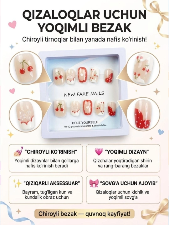 Bolalar uchun multfilm dizaynli yopishtiriladigan soxta tirnoqlar