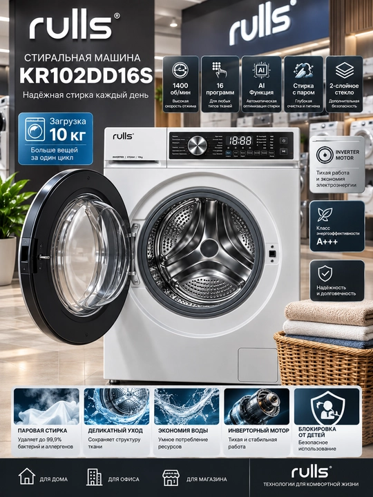 Rulls KR102DD16S - современная автоматическая стиральная машина большой емкости