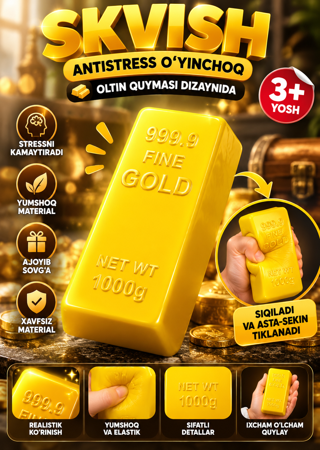Skvish antistress o‘yinchoq, yumshoq siqiladigan, bolalar uchun, turli shakllarda - 