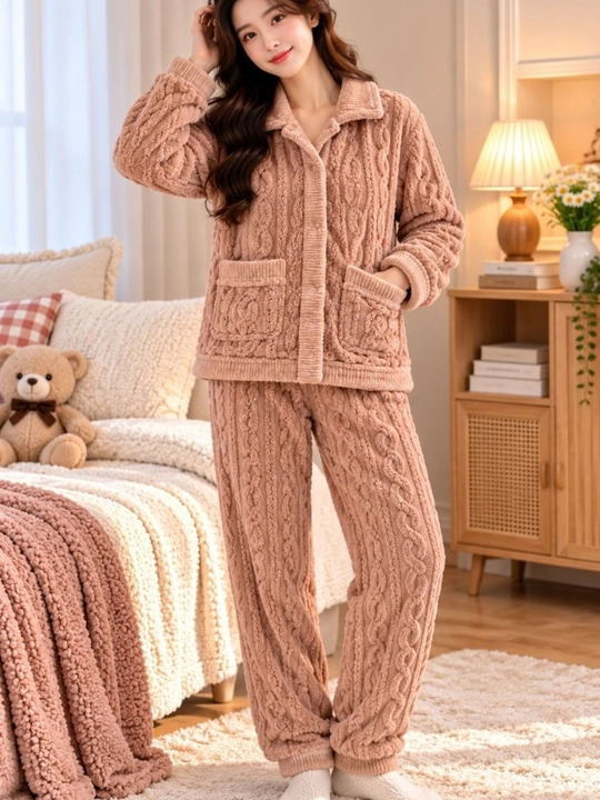 Ayollar uchun issiq qishki pijama, qalin paxmoq pijama, shim va kofta