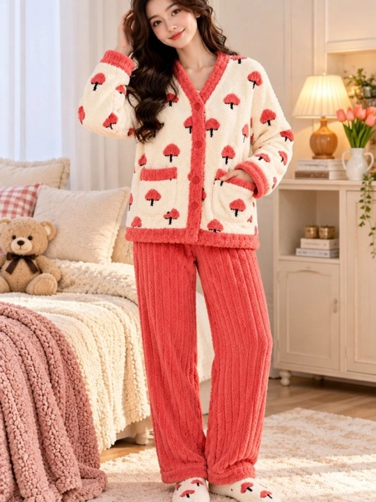 Ayollar uchun issiq qishki pijama, qalin paxmoq pijama, shim va kofta - 