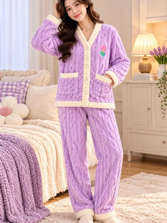 Ayollar uchun issiq qishki pijama, qalin paxmoq pijama, shim va kofta - 