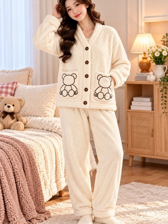 Ayollar uchun issiq qishki pijama, qalin paxmoq pijama, shim va kofta - 