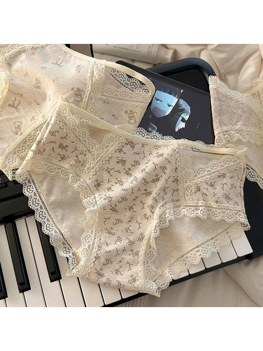 Ayollar uchun paxtali ichki kiyimlar to‘plami, 5 dona, dantelli, gulli, L-XL
