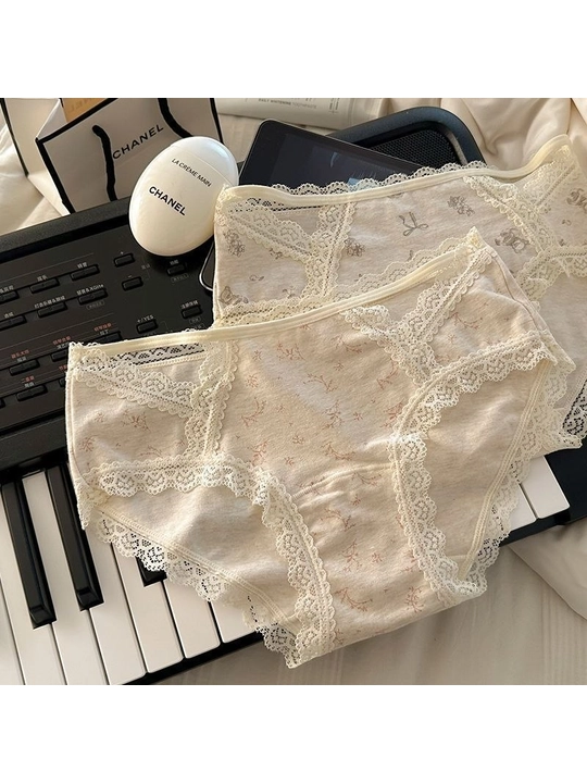 Ayollar uchun paxtali ichki kiyimlar to‘plami, 5 dona, dantelli, gulli, L-XL