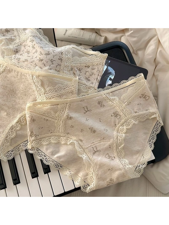 Ayollar uchun paxtali ichki kiyimlar to‘plami, 5 dona, dantelli, gulli, L-XL