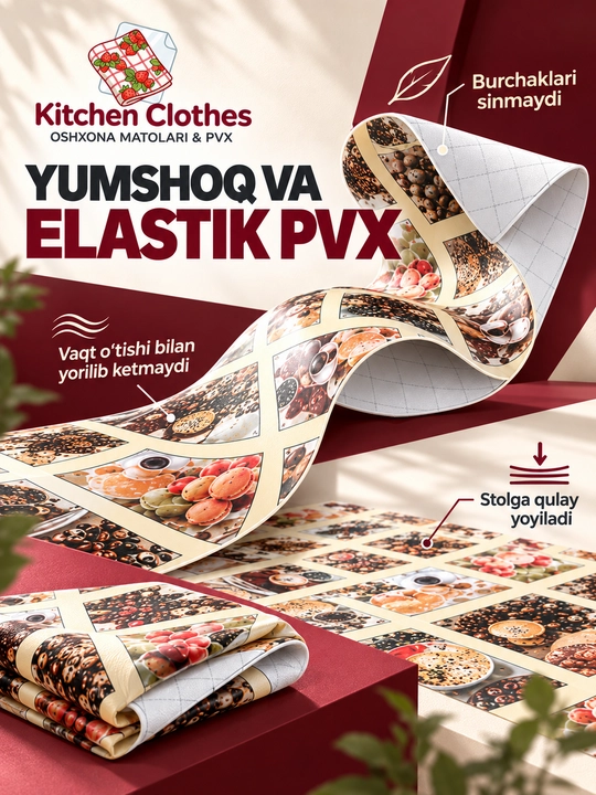 Uy bekalari uchun chiroyli va jozibador, suv o‘tkazmaydigan PVX dasturxon