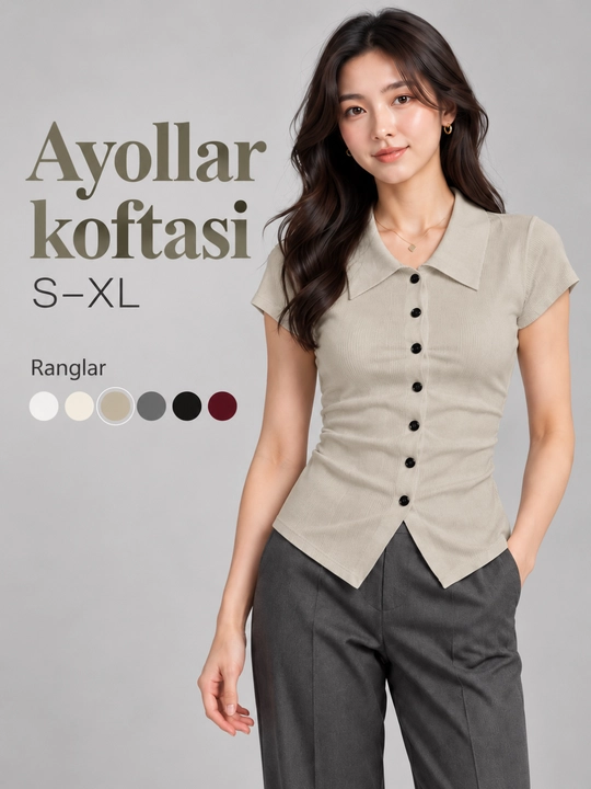 Qizlar uchun amerikanka kofta, kalta yengli, yoqali, 7 tugmali, S–XL - 