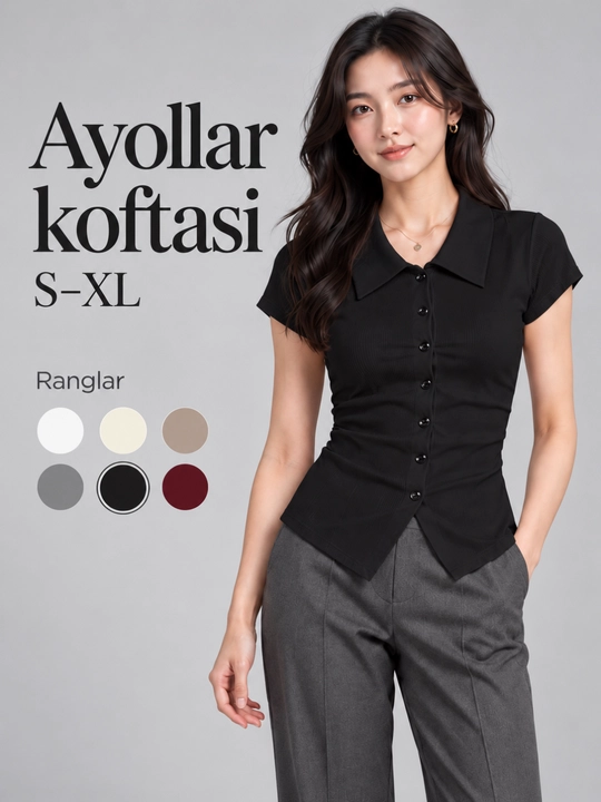 Qizlar uchun amerikanka kofta, kalta yengli, yoqali, 7 tugmali, S–XL - 
