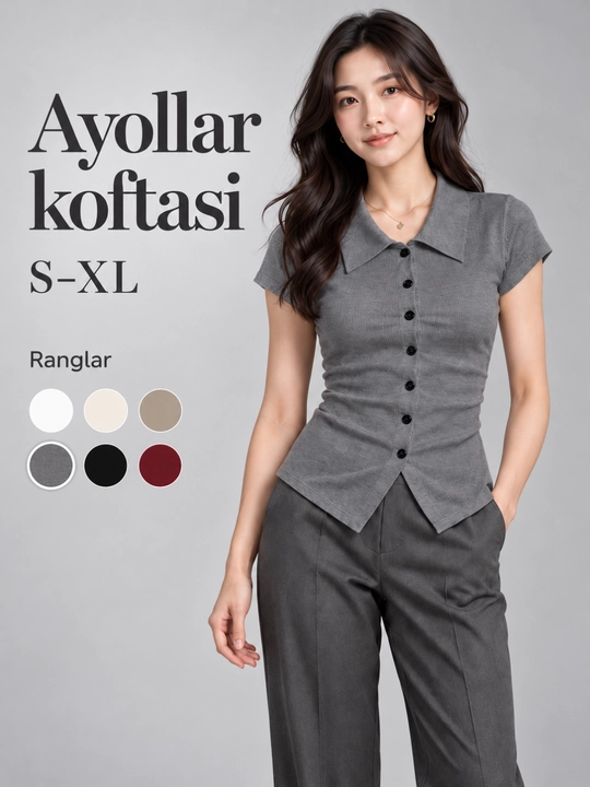 Qizlar uchun amerikanka kofta, kalta yengli, yoqali, 7 tugmali, S–XL - 