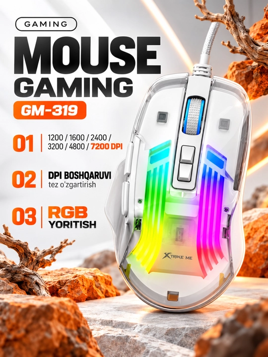 Sichqoncha, mishka XTRIKE ME, o'yin, Gaming RGB, 1.200 dan 12.800 gacha DPI va Aniq nishon - 