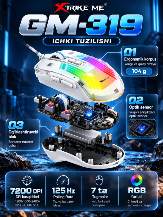 Mышка, игровые мышь RGB XTRIKE ME с чувствительностью от 1200 до 12800 DPI и точный прицел