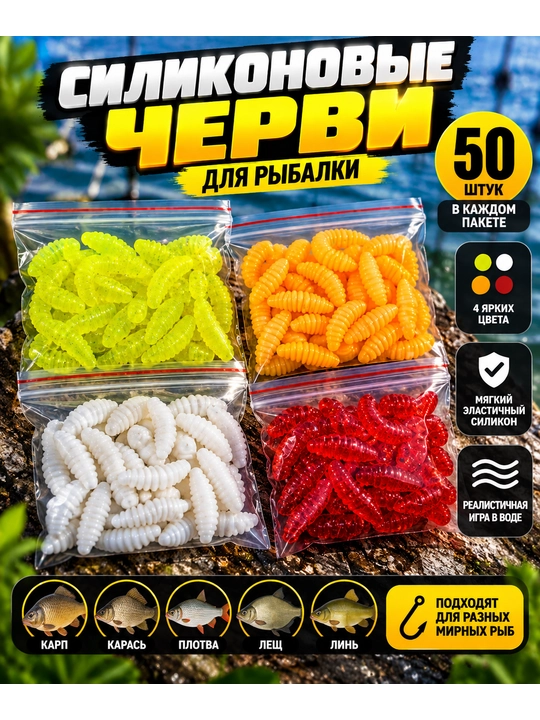 Силиконовые черви для рыбалки — 50 шт, 4 цвета, приманка для мирной рыбы - 