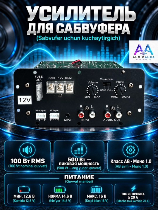 Avtomobil sabvuferi uchun mono Class AB kuchaytirgich moduli, 100 W RMS, 500 W peak - 
