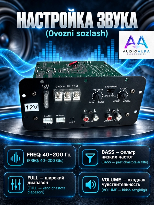 Avtomobil sabvuferi uchun mono Class AB kuchaytirgich moduli, 100 W RMS, 500 W peak