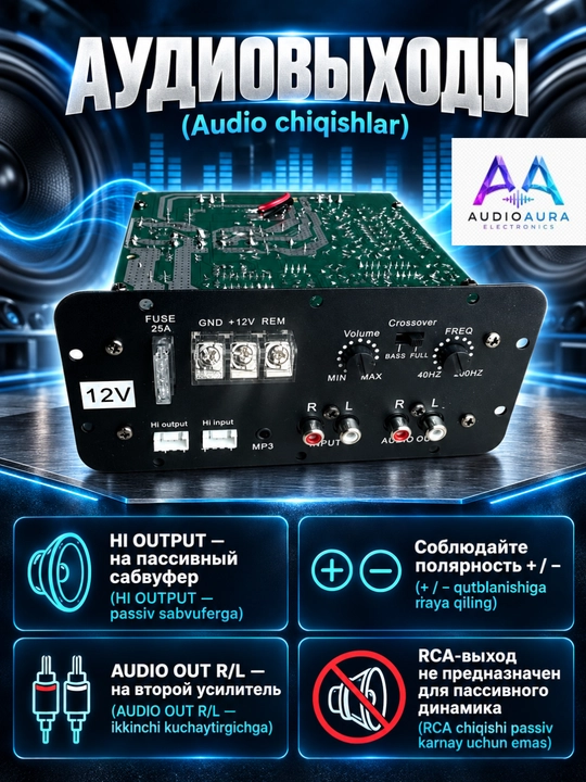 Avtomobil sabvuferi uchun mono Class AB kuchaytirgich moduli, 100 W RMS, 500 W peak