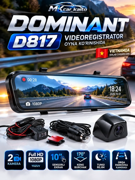 Videoregistrator DOMINANT D817 oyna ko‘rinishida 2 kamera 10″ sensorli ekran Full HD 1080P - 