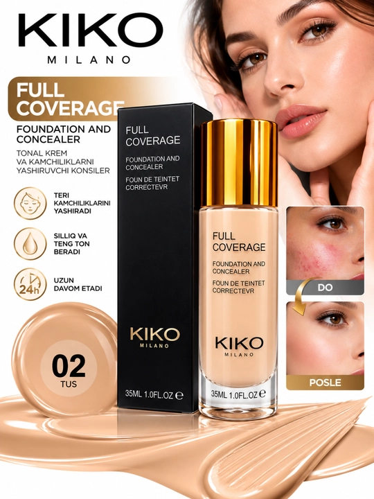 KIKO Milano Full Coverage tonal krem va konsiler, yuqori qoplovchi, 35 ml