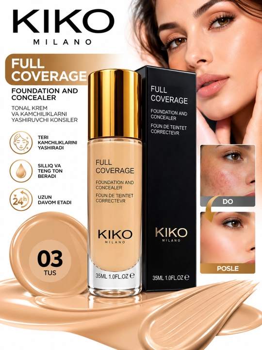 KIKO Milano Full Coverage tonal krem va konsiler, yuqori qoplovchi, 35 ml