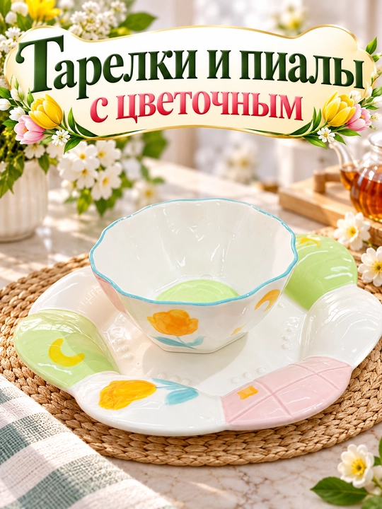Тарелки и пиалы с цветочным - 
