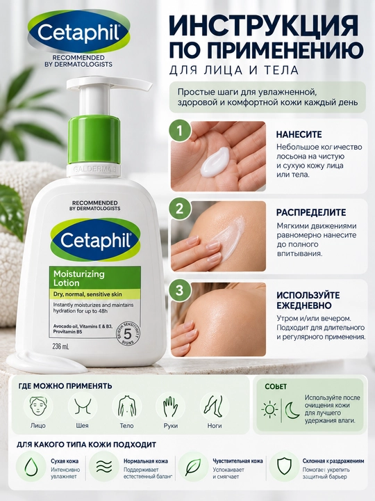 Quruq va sezgir teri uchun Cetaphil namlovchi losyoni, 236 ml