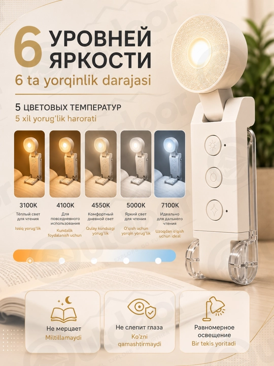 Фонарик для чтения с прищепкой USB, LED лампа для книги, аккумуляторный светильник, ночник
