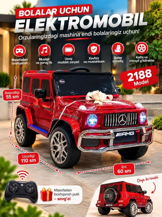 Bolalar uchun akkumulyatorli elektromobil , pultli boshqaruv va yorqin chiroqlar bilan - 