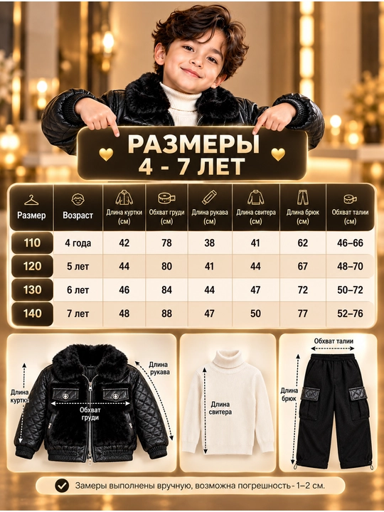 Комплект одежды для мальчика 4–7 лет, тройка меховая куртка, вельветовые брюки и водолазка