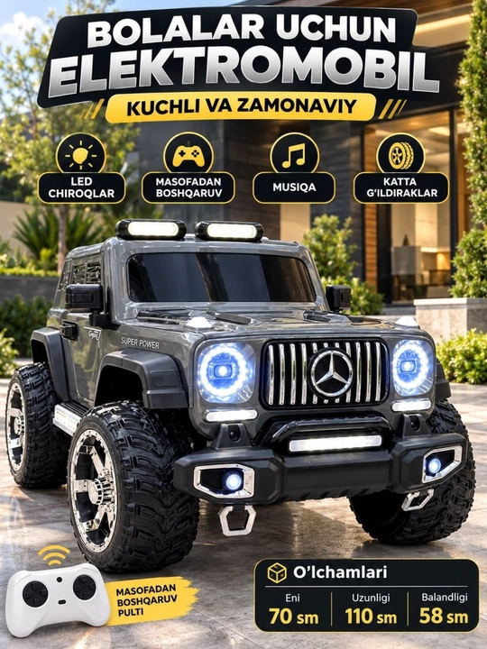 Bolalar uchun akkumulyatorli elektromobil, pultli boshqaruv va yorqin chiroqlar bilan - 