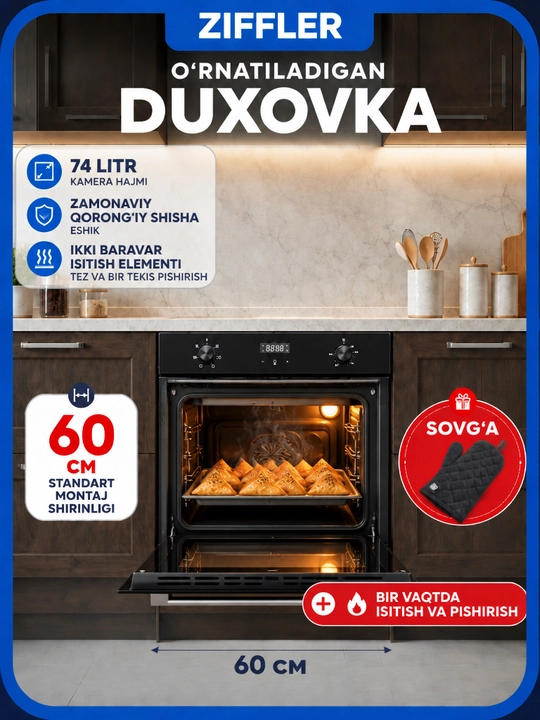 O‘rnatiladigan duxovka ZIFFLER, 60 litrli elektr pech, elektr duxovka, o‘rnatiladigan pech - 