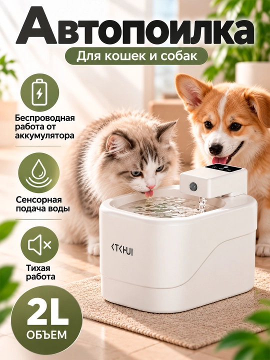 Беспроводная автопоилка для кошек и собак с фильтром, автоподача воды, 2 л - 