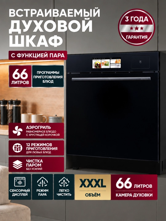 ZIFFLER TFT displeyli, bug'da pishirish va aerogril funksiyali elektr duxovka, 66 l