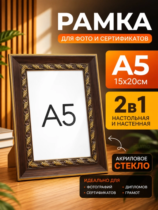 A5 15×20 sm o‘lchamdagi fotosuratlar uchun baget ramka, premium, akril oynali - 