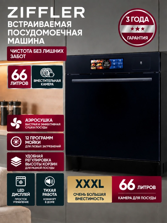 ZIFFLER TFT displeyli, bug'da pishirish va aerogril funksiyali elektr duxovka, 66 l
