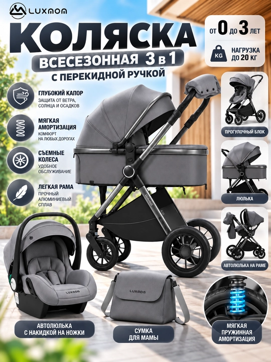 Всесезонная коляска 3 в 1 Luxmom, люлька, автолюлька, прогулочный блок, сумка и муфта - 