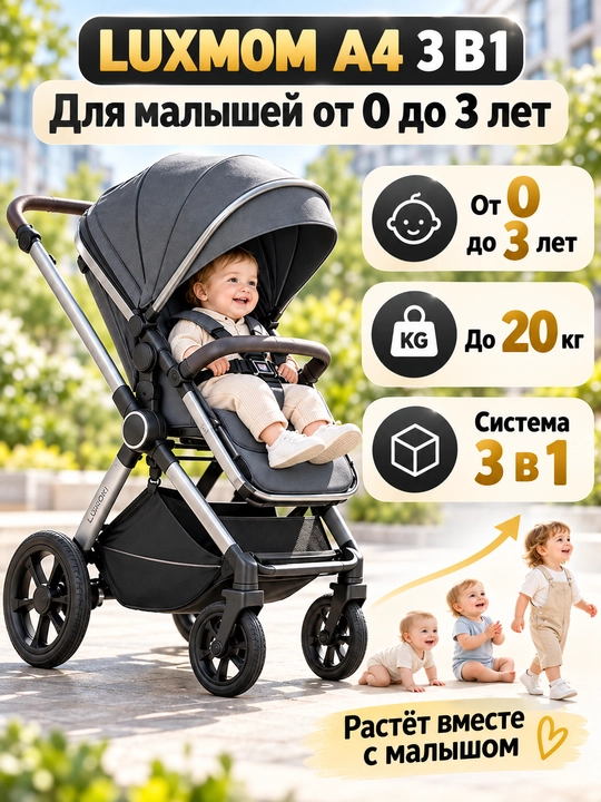 Всесезонная коляска 3 в 1 Luxmom, люлька, автолюлька, прогулочный блок, сумка и муфта
