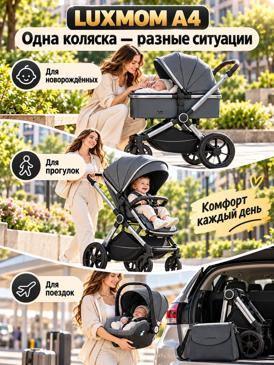 Всесезонная коляска 3 в 1 Luxmom, люлька, автолюлька, прогулочный блок, сумка и муфта