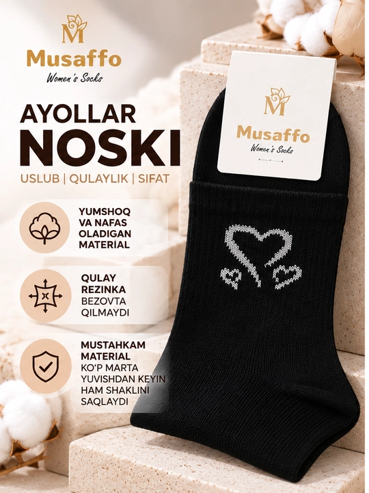 Musaffo ayollar paypoqlari, yurakchali, yumshoq, kundalik kiyish uchun, qulay rezinkali