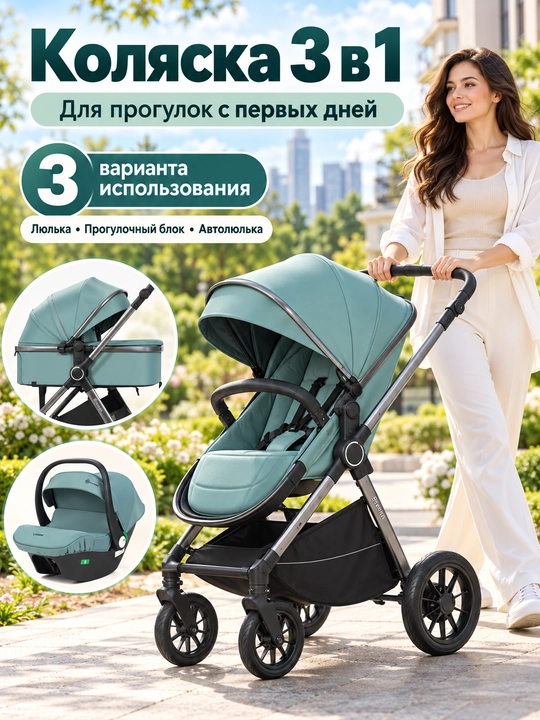 Всесезонная коляска 3 в 1 Luxmom, люлька, автолюлька, прогулочный блок, сумка и муфта