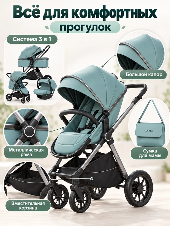 Всесезонная коляска 3 в 1 Luxmom, люлька, автолюлька, прогулочный блок, сумка и муфта