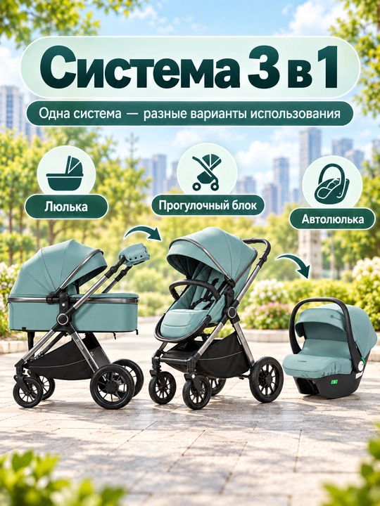 Всесезонная коляска 3 в 1 Luxmom, люлька, автолюлька, прогулочный блок, сумка и муфта