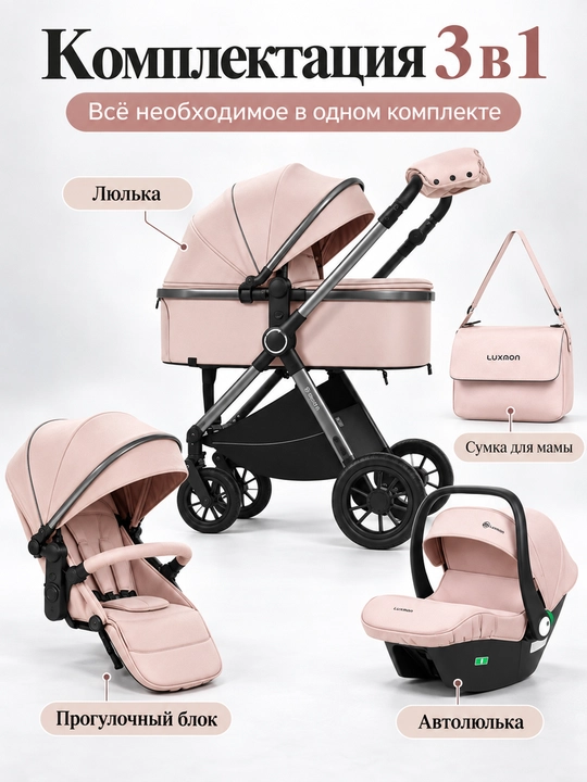 Всесезонная коляска 3 в 1 Luxmom, люлька, автолюлька, прогулочный блок, сумка и муфта