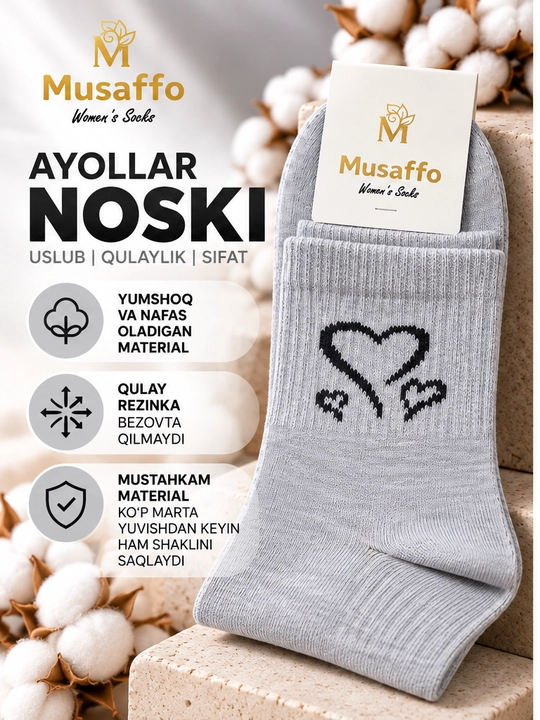 Musaffo ayollar paypoqlari, yurakchali, yumshoq, kundalik kiyish uchun, qulay rezinkali