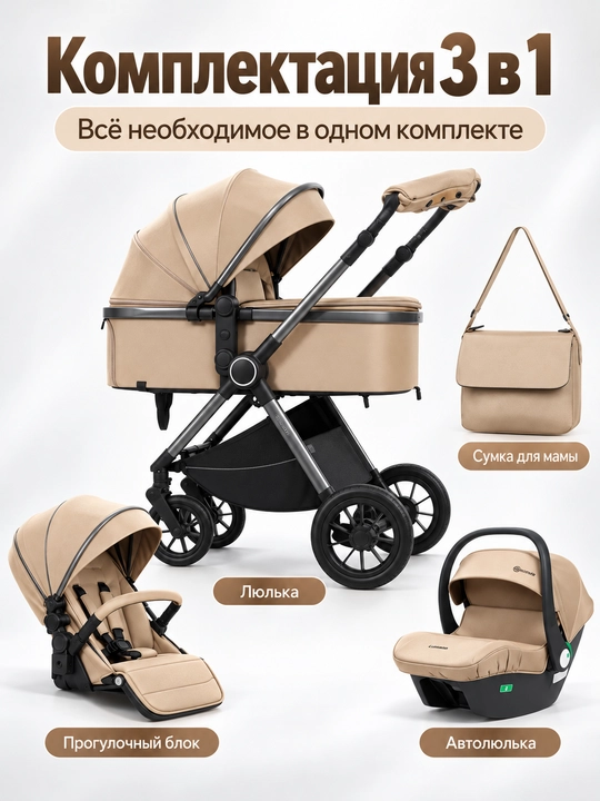 Всесезонная коляска 3 в 1 Luxmom, люлька, автолюлька, прогулочный блок, сумка и муфта