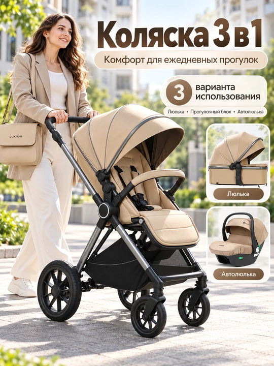 Всесезонная коляска 3 в 1 Luxmom, люлька, автолюлька, прогулочный блок, сумка и муфта